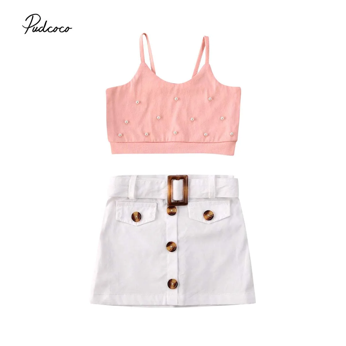 Детский комплект из 2 предметов короткий топ с жемчужинами и юбка шорты летняя