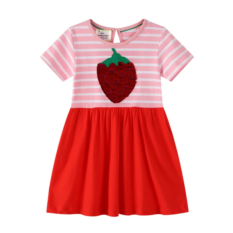 

New Princess Girls Tutu Dress with strawberry Beading Cotton Kids Summer Short Sleeve Dress for Baby Girls