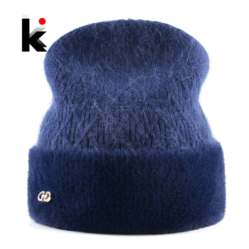 Вязаная Шерстяная Шапка Для Женщин Зима Теплая Шерсть Кролика шапки Дамы