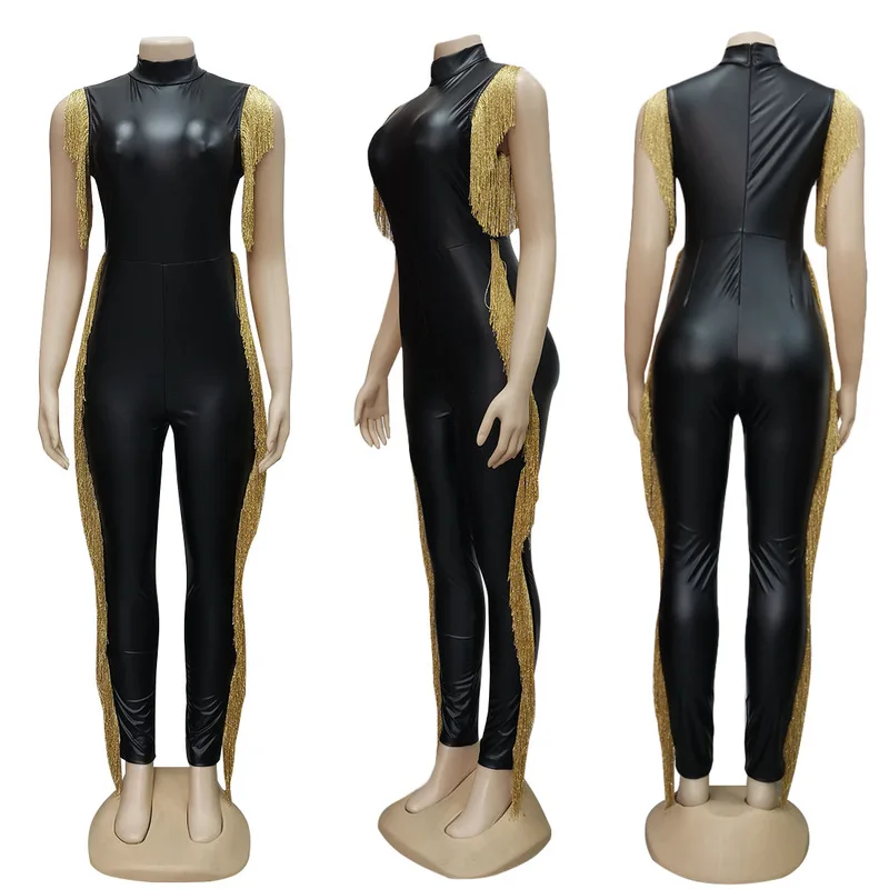 

Jumpsuit Women PU Leather Black and Gold Tassels Decorated Tight Sexy Bodysuit Women
