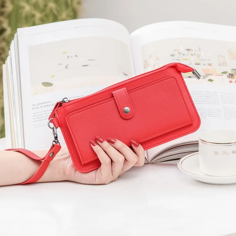 

2021 New Solid Long Multi-functional Zipper Thin Women Cash Phone Wallet Bag Multi-card Holding Buckle Elegant Temperament Purse