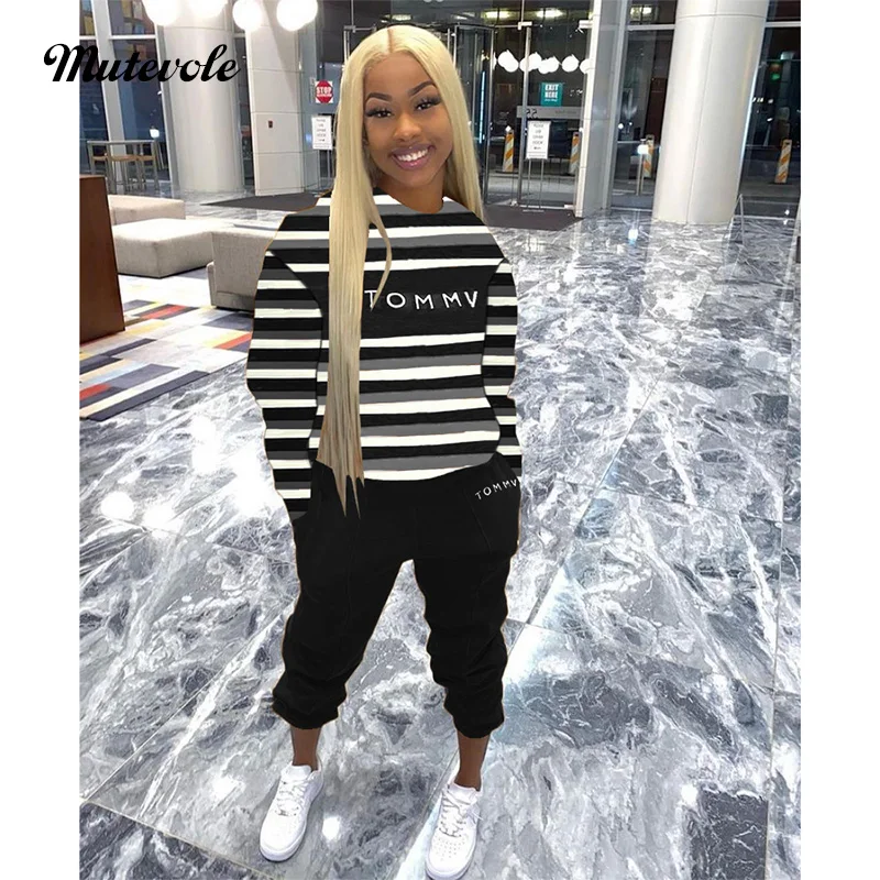 

Mutevole Women Two Piece Outfit Set Fall Autumn Striped Letter Print Hooded Top and Pants Long Sleeve Sweatshirt and Sweatpants