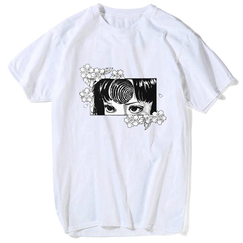 

Футболка унисекс с коротким рукавом, белый топ свободного покроя в стиле японского аниме, с принтом манга, цветов, джундзи Ито, повседневная ...