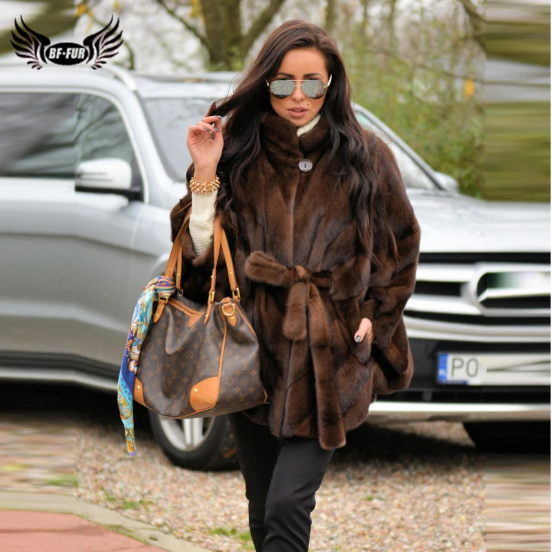 BFFUR Dark Coffee Real Mink Fur Coats Women 2022 New Genuine Mink Fur Jackets With Bat Sleeved Luxury Fur Overcoats Trendy 2022
