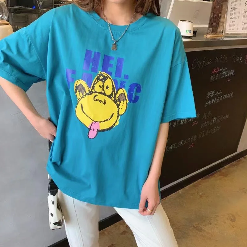 

2021 Summer New Cartoon Letter Print Student Bottom Shirt Loose Cotton Round Neck Short Sleeves T-shirt Simple Female Top
