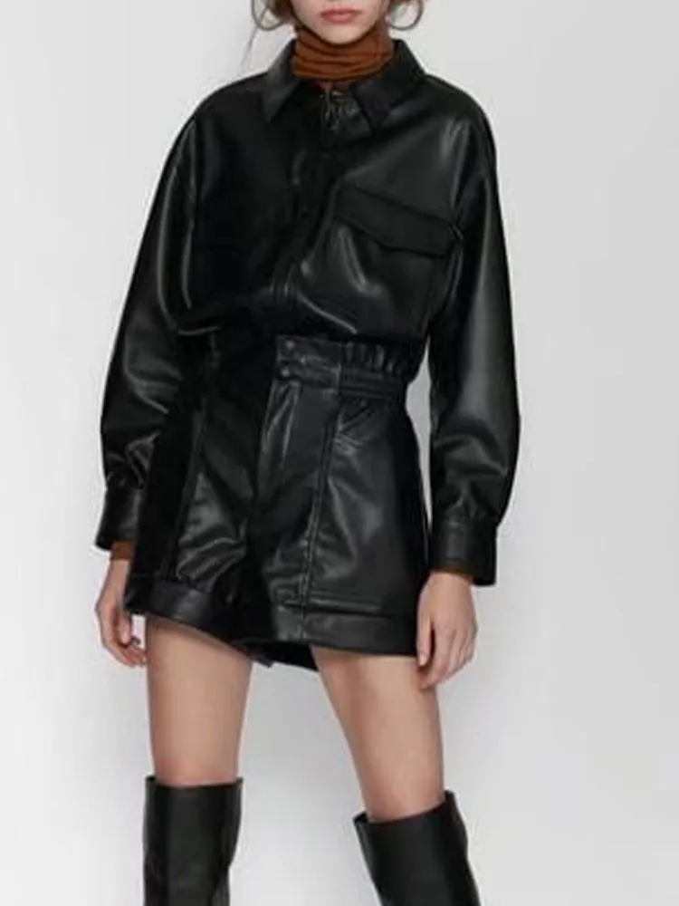 

new women's fashion all-match temperament loose pocket high waist self-cultivation fold faux leather casual wide-leg shorts