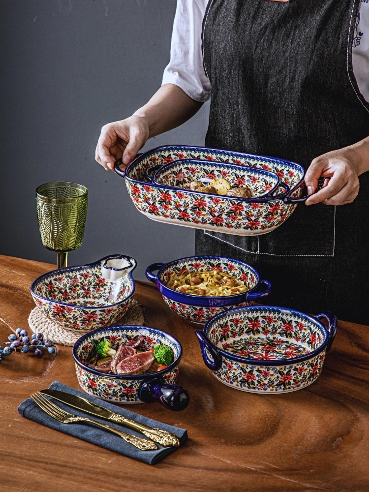 Retro Ceramic Handle Salad Bowl Dessert Bake Pan Microwave Oven Use Bohemia Binaural Soup Bowl In-glaze Tableware