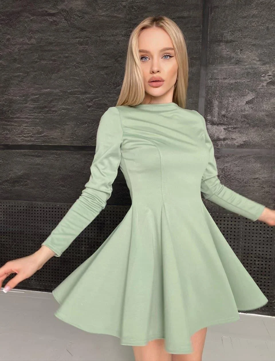 

Women Vintage Green Collar All-match A-line Dress Long Sleeve O neck Solid Elegant Casual Mini Dress 2021 Autumn Fashion Dress