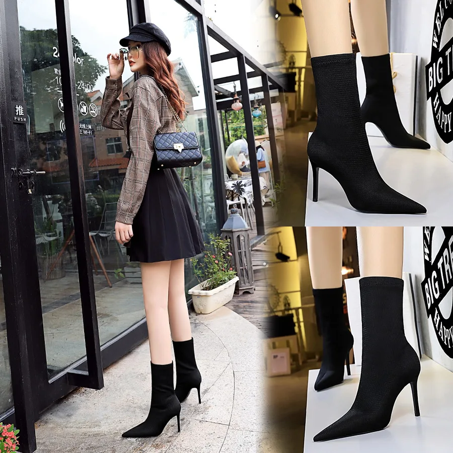 

BIGTREE High Stiletto Heels Boots Women Sexy Pointy Toe Sock Shoes Lycra Pumps Mid Calf Spring Summer Stretchy Booties 9.5 cm