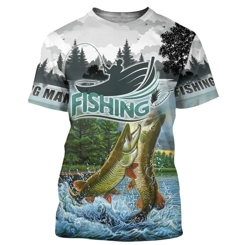 Фото Летняя мужская футболка для рыбалки 2021 с 3D принтом и коротким рукавом одежда
