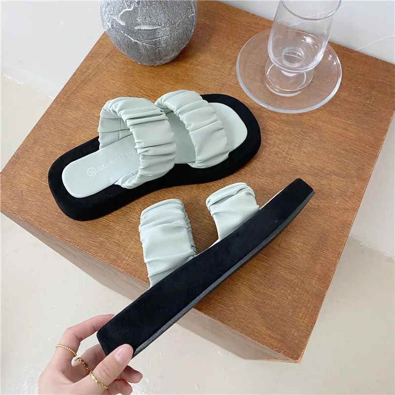 

2020 New Black Slippers Fashion Flat Shoes Women Mule Sandal Open Toe Flat Casual Slides Summer Outdoor Talon Femme