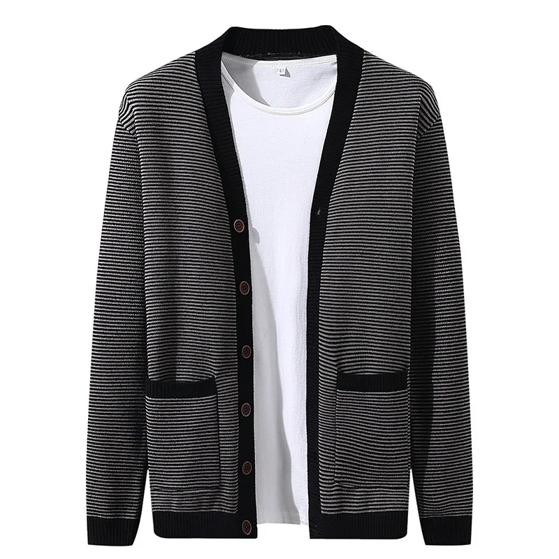 

New Men Casual Striped Sweatercoat 2021 Autumn Fashion Young Man Loose Cardigan Long Sleeve Two Pocket Mens Sweaters Coat Simple