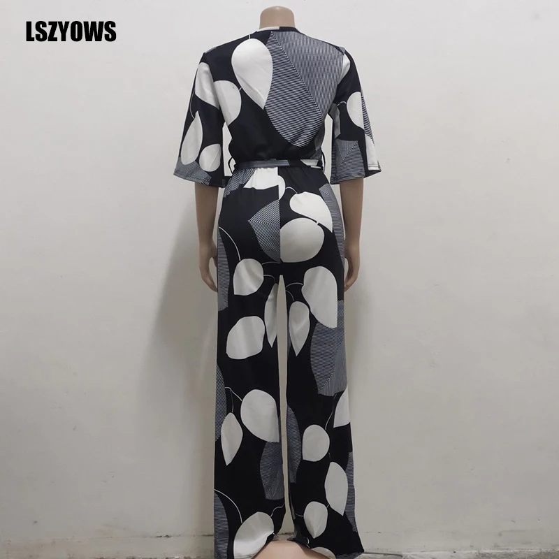 

Short Sleeve V-Neck Printed Jumpsuit Women Elegant High Waist Lace Up Jumpsuit Casual Wide Leg Romper Female Work Party Overalls