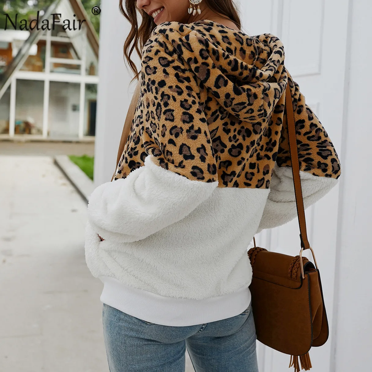 Nadafair леопардовое лоскутное женское плюшевое Пальто осеннее с капюшоном пушистое плюшевое зимнее пальто из искусственного меха Женское пальто большого размера