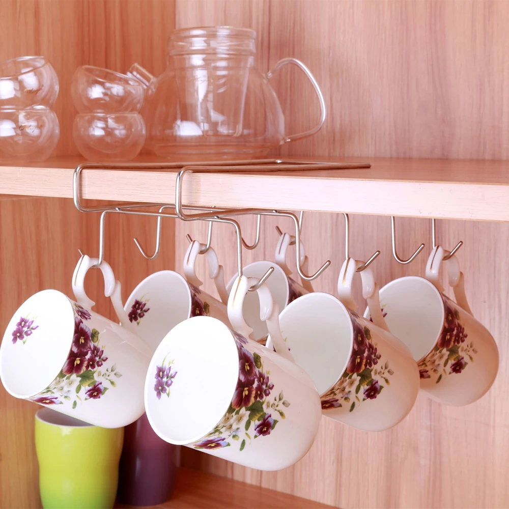 

10 Hooks Stainless Steel Kitchen Rack Cupboard Hanging Tumbler Holders Coffee Tea Cup mug Holder Shelf for Insetting Cup Holder