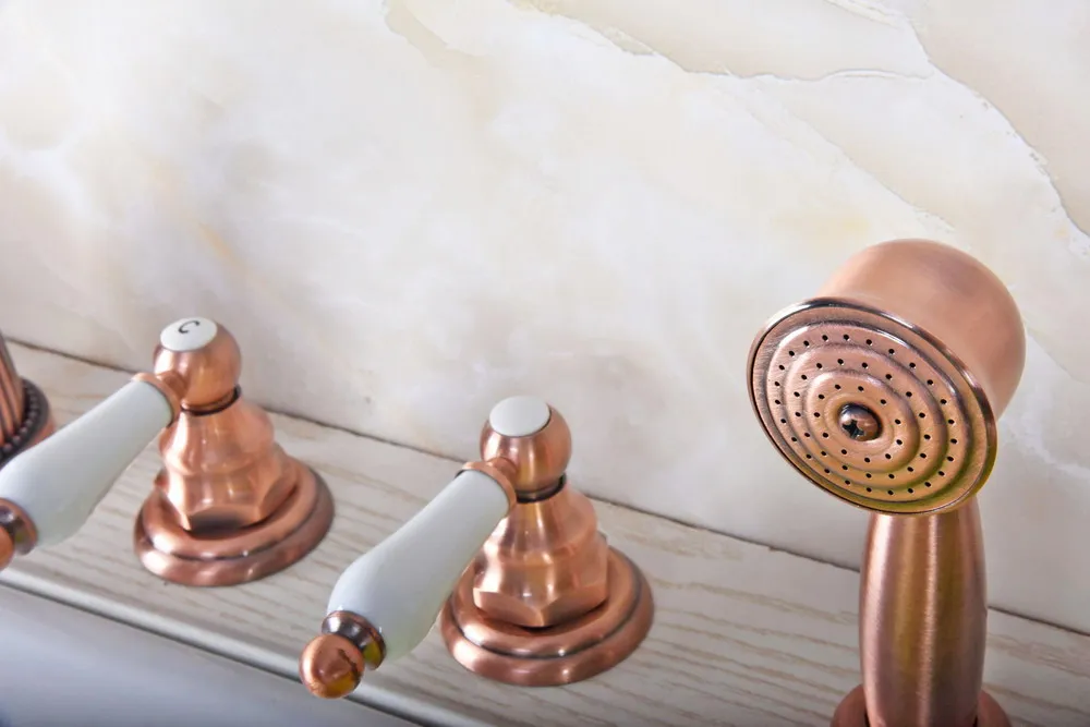 

Antique Red Copper Brass Widespread Deck-Mounted Tub 5 Holes Three Handles Bathroom Tub Sink Basin Faucet Tap Hand Spray mtf189