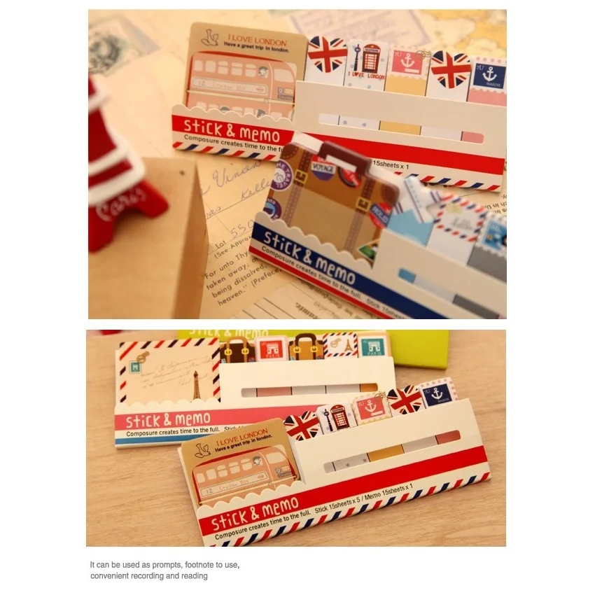 4pcs Vintage stick& memo sheets sticker Travel London bus Paris tower Post paper note it marker Stationery office School A6511