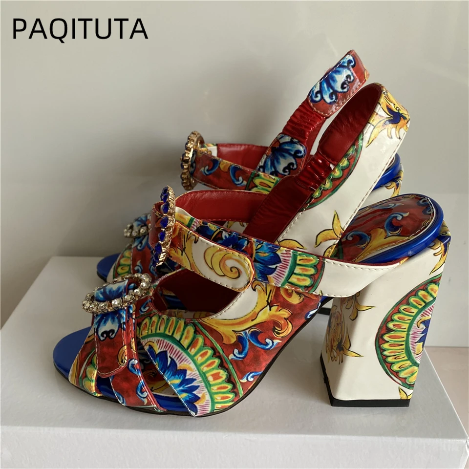 

Exotic Print Flower Sandals Women Square High Heel Peep Toe Rhinestone Buckle Belt Strap Fretwork Party Shoes Summer