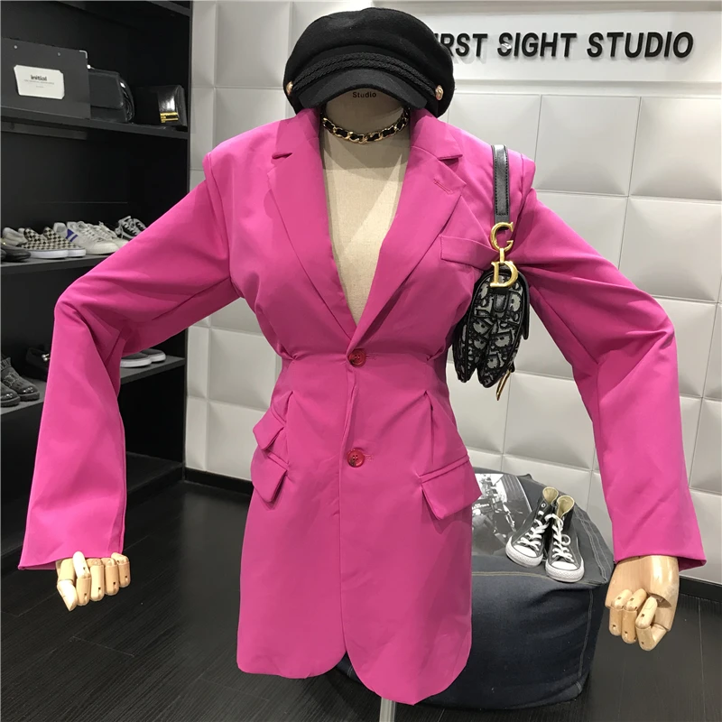 Розовый фиолетовый костюм женский 2019 осенний дизайн морщин складки талии