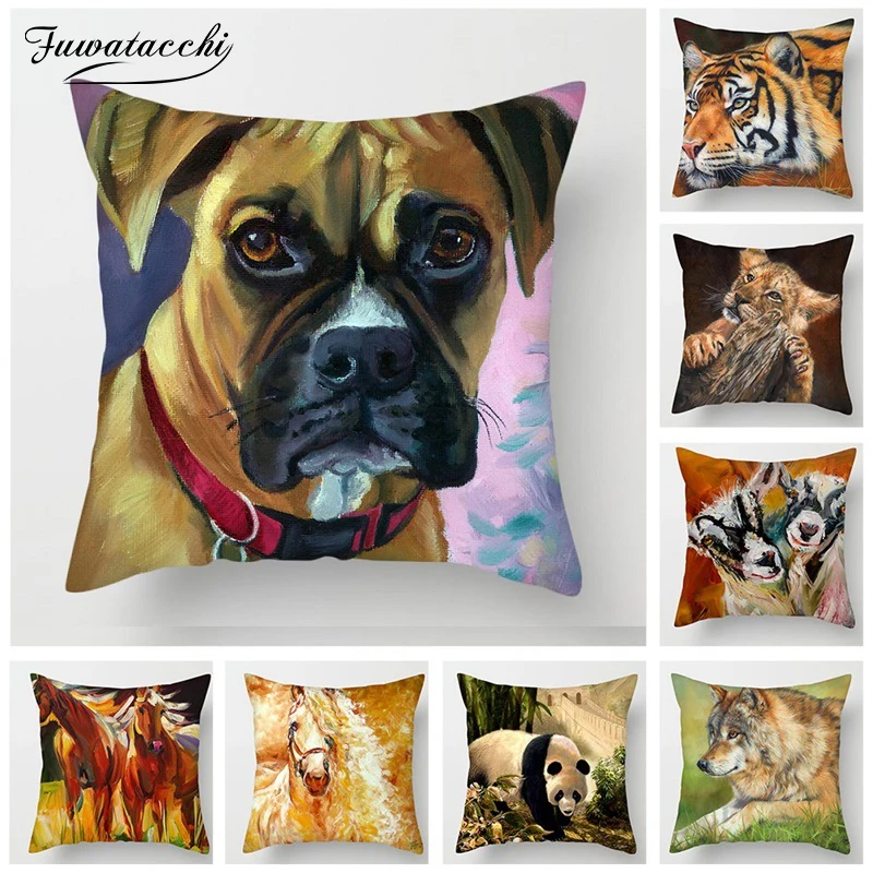 Fuwatacchi Animal Oil Painting Cushion Cover Dog Panda Horse Deer Tiger Chicken Pillow for Home Chair Decor Pillowcases | Дом и сад