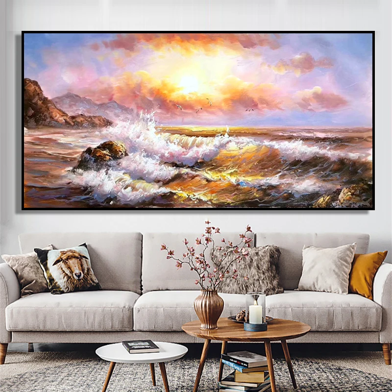 

100% Hand Painted Modern Sea Sunset Art Oil Painting On Canvas Wall Art Frameless Picture Decoration For Live Room Home Decor