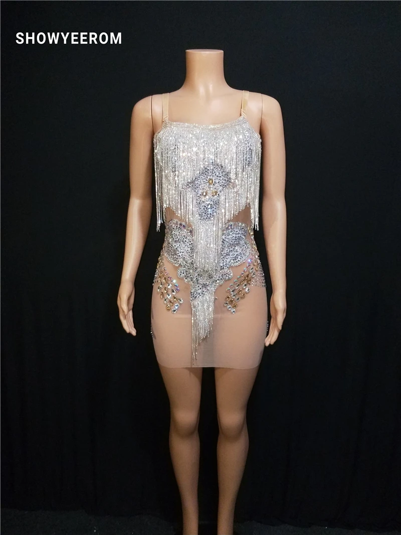 Women Rhinestones Fringes Dress Stage Wear Transparent elastic mesh Singer Evening Performance Tassel dress short | Тематическая