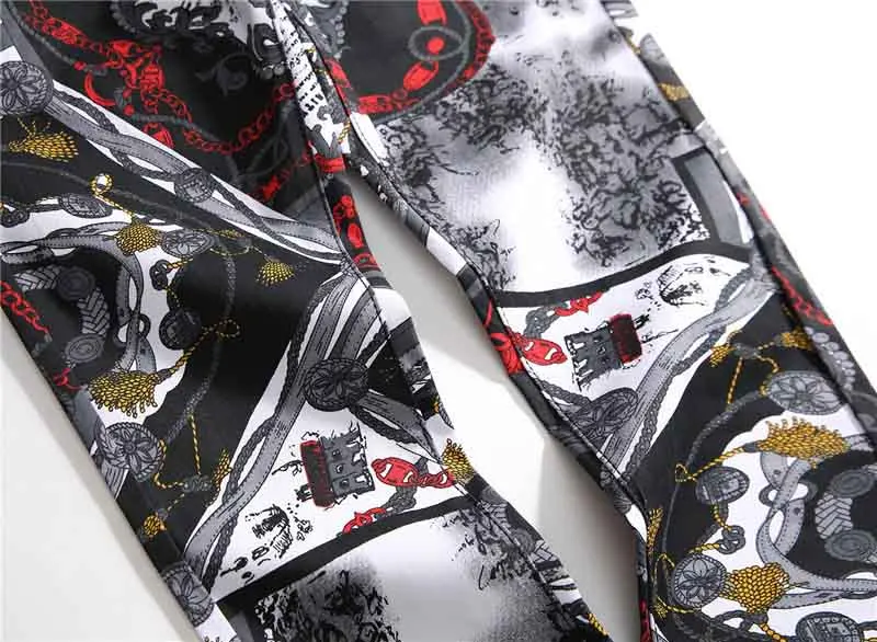 

Mcikkny Hip Hop Men Fashion Printed Jeans Pants Slim Fit Casual Denim Trousers For Male Nightclub Streetwear