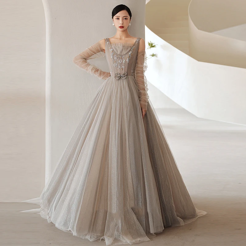 

Evening Dress Square Collar Sequins Empire Floor-Length Full Sleeves Elegant Appliques A-Line New Woman Formal Party Gowns A987