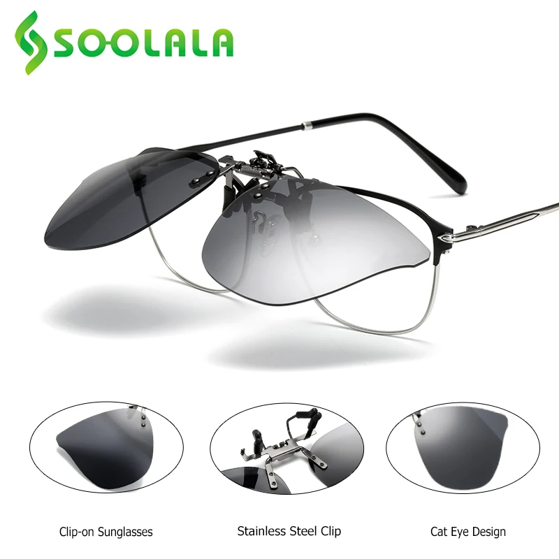 

SOOLALA Stainless Rimless Mirror Polarized Clip On Flip Up Clips Sunglasses Lens Over Prescription Glasses Night Vision Glasses