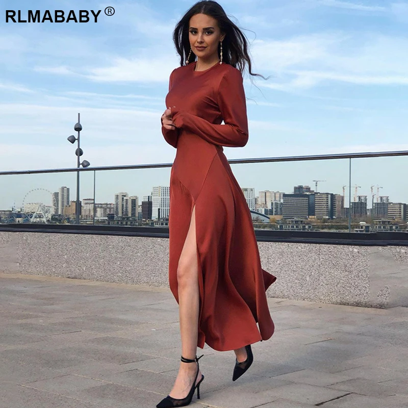 

Платье женское атласное до середины икры, элегантное пикантное вечернее облегающее однотонное с круглым вырезом и длинным рукавом, Повседн...