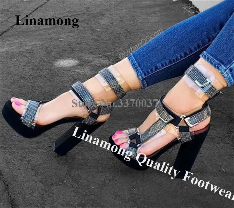 

Linamong Newest Bling Bling Rhinestone Straps Chunky Heel PVC Metal Buckles Sandals High Platform Crystal Thick High Heels