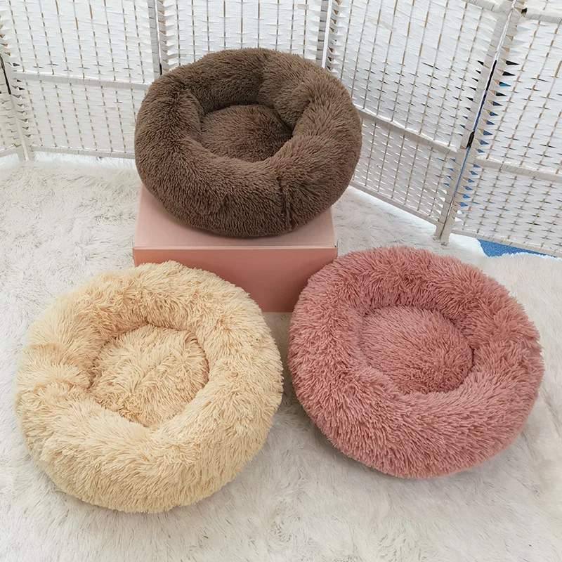 Круглая плюшевая кровать для кошек мягкая длинная круглая домашних питомцев