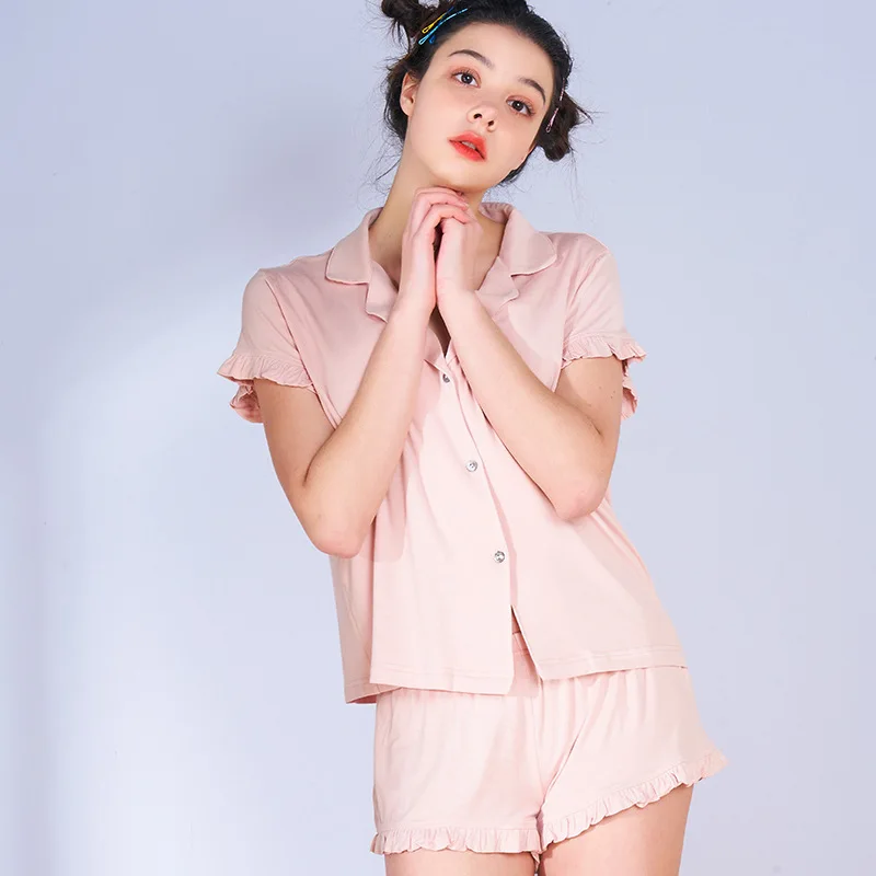 

Summer Casual Pajama Set Women Thin Modal Sets For Women Sexy Shorts+Short Sleeve Top Sleepwear Suit Loose Nightwear 2021 Y5031