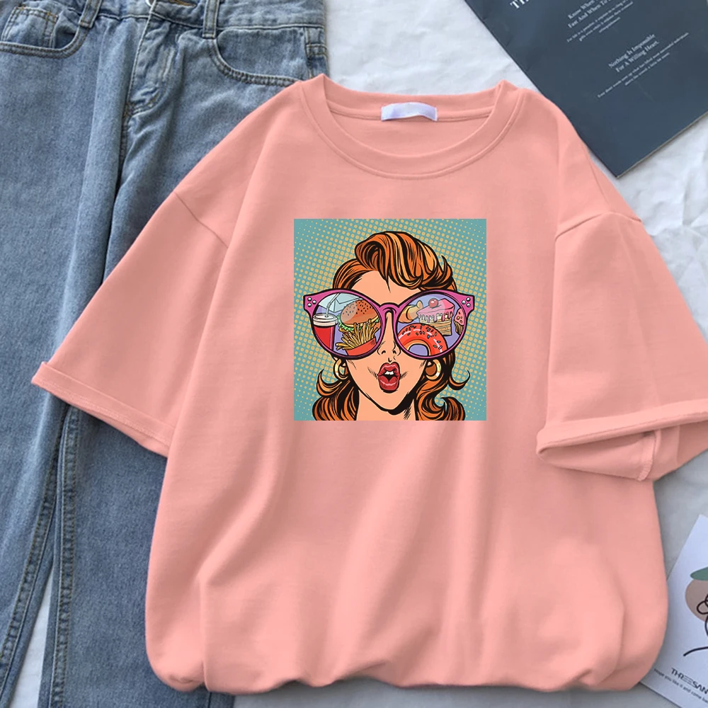 

Fashion Style Women'S Tees Shirts Round Neck Tops Pop Cool Girl With Glasses Printing T Shirts Spring Summer Female Tee Shirts
