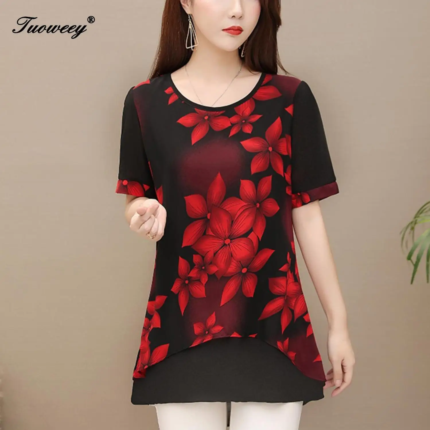 5XL, осенняя шифоновая блузка, рубашки, повседневные, цветочные, свободные, элегантные, с круглым вырезом, с коротким рукавом, с цветочным принтом, топы, блузы, блузка,, для женщин