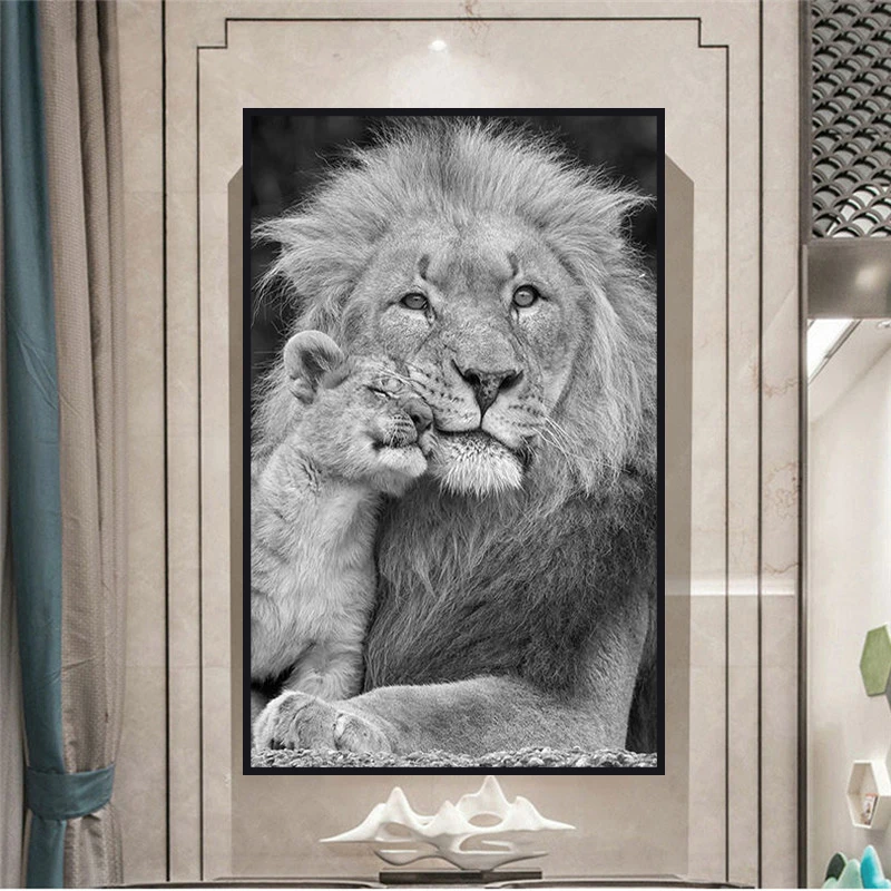 

Black and White Lion and Baby Cub Canvas Art Painting Posters and Prints Scandinavian Modern Wall Art Picture for Living Room