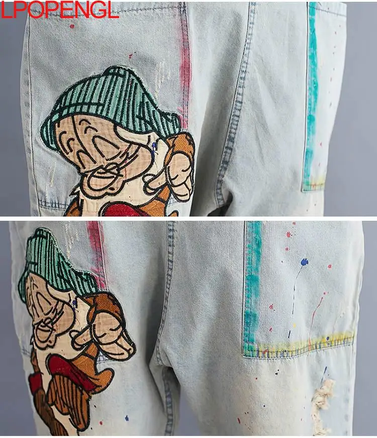 

New Jeans Women Jumpsuit Denim Romper Overalls Casual Bodysuit Harem Pants Fashion Basic Ripped Hole Pocket Cartoon Rompers