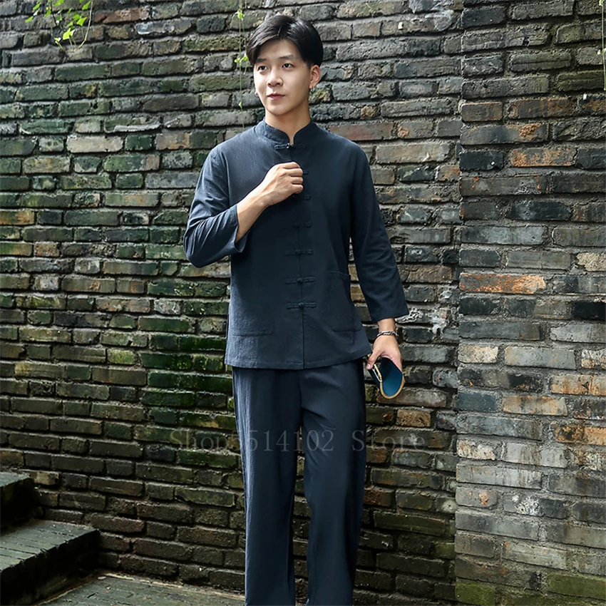 

Man Traditional Chinese Clothing Men Male Wushu Tai Chi Uniform Kung Fu Clothes Pure Linen Tang Suit Meditate 2pcs Sets 9Colors