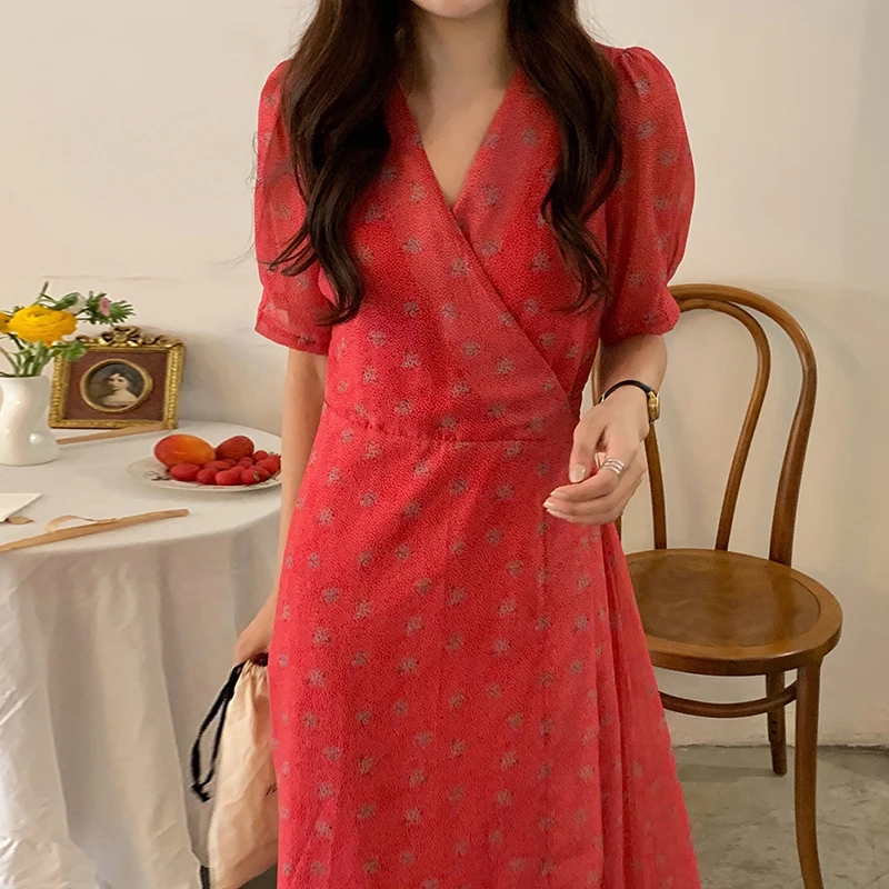 

ZAWAHIKI Korean Vintage Elegant Print Dress Women Summer V Neck Cross Drawstring Slim Waist Short Sleeve Dress Long Vestidos