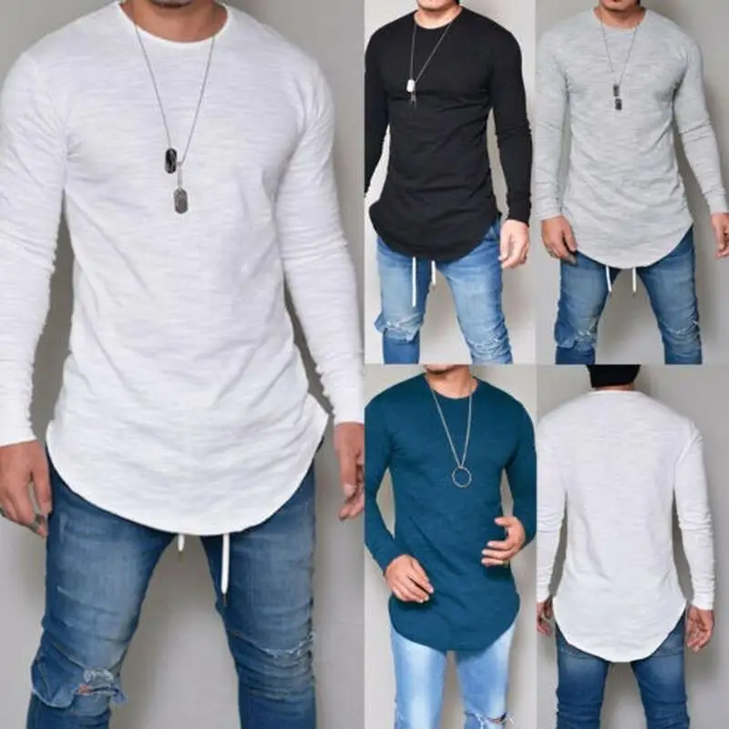 

Mens Long Sleeve Crew Neck Muscle T-Shirt Casual Slim Fit Longline Tops Blouse