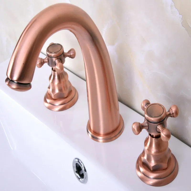 

Antique Red Copper Brass Deck Mounted Dual Handles Widespread Bathroom 3 Holes Basin Faucet Mixer Water Taps mrg064