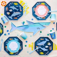 1set shark disposable tableware cartoon sea animal paper plates cups for birthdaybaby shower decoration kids party supplies