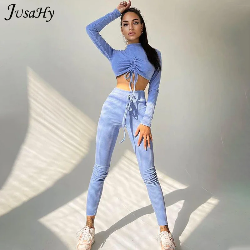 

JuSaHy Elegant Solid Knitted Two Pieces Sets for Women Drawstring Turtleneck Crop Top And Pants Body-Shaping Matching Outfits