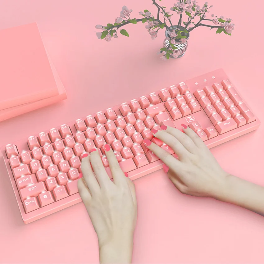 Розовый игровая клавиатура Проводная USB светодиодный Подсветка 104 клавиши