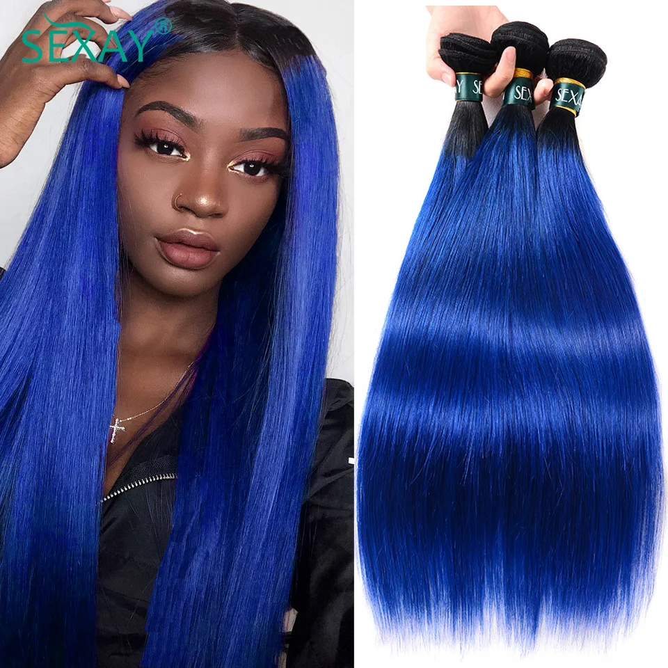 

Sexay предварительно окрашенные 2 тона синие перуанские прямые волосы Ombre 3 пучка предложения новые T1B/синие темные корни человеческие волосы д...