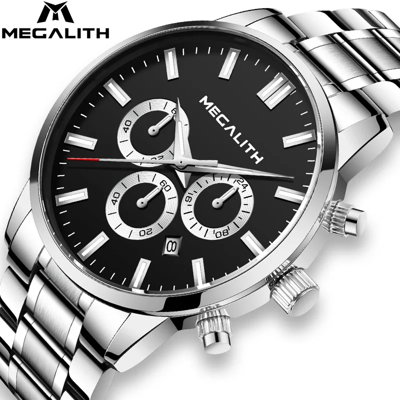 

MEGALITH Лидирующий бренд, мужские часы, модные водонепроницаемые спортивные часы с хронографом, датой, кварцевые часы, часы, серебристые, черны...