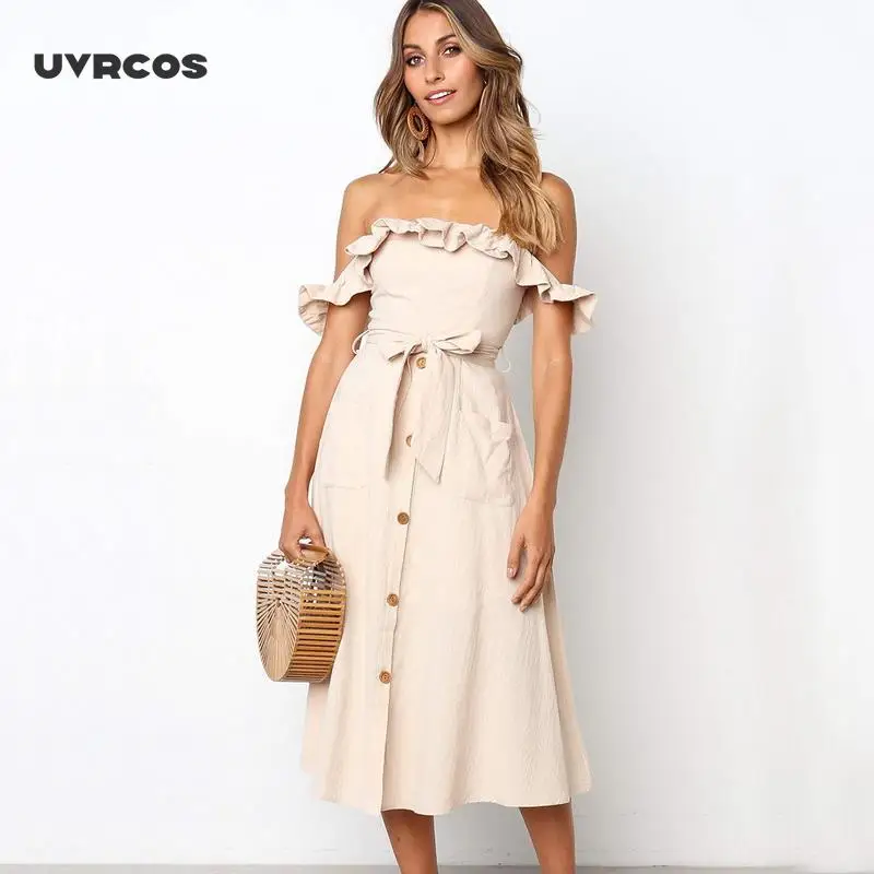 

2021 High Quality Summer Women Dress Off Shoulder Slash Neck Female Sexy Dresses Elegant Cotton A Line Midi Dress Women