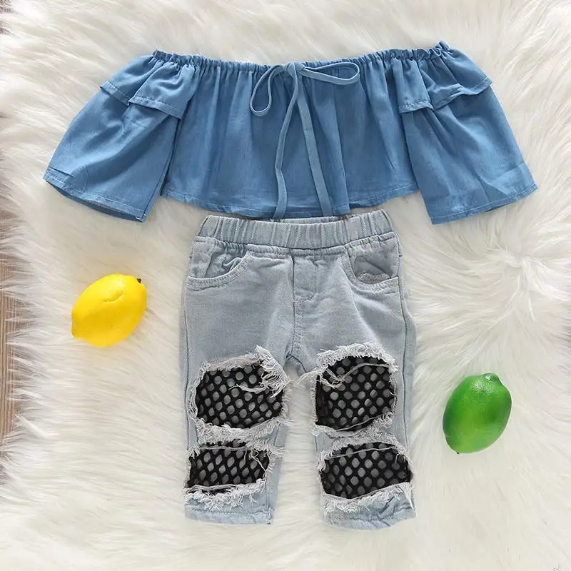 

Baby Girls Clothes Set New Summer Fashion Denim Lantern Sleeve Tops and Hollow Out Pants 2Pcs Girl Kids Clothes Children Clothes