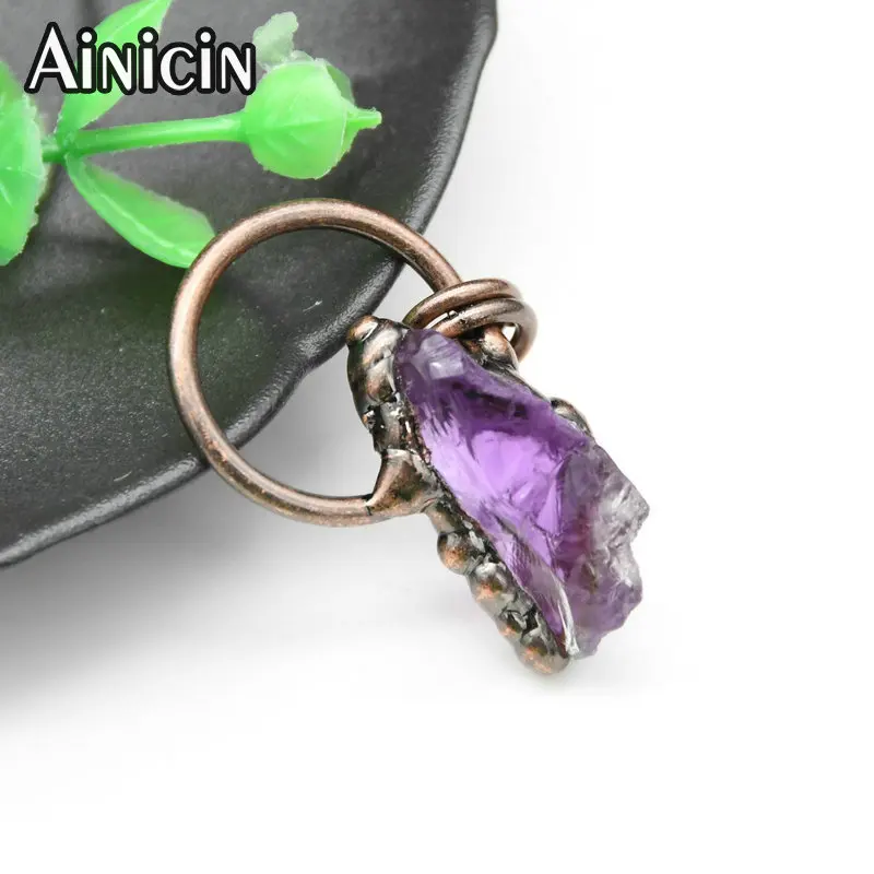 

New Arrival Double Circle Ring Hang Pendant Antique Bronze Color Plating Natural Amethyst Crystal Pointed Pendents DIy Findings