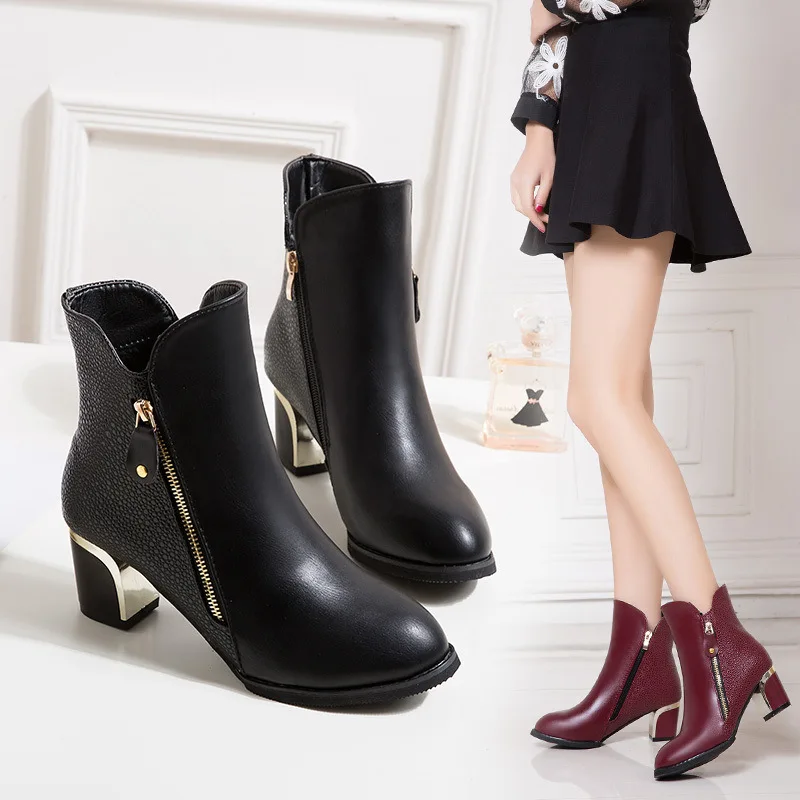 

New Chunky Heel Pointed Short Boots Women's Plus Cotton Martin Boots High Heels Women Ankle Shoes Winter Boots Fashion W22-53